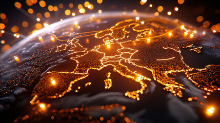 Poster - cinematic visualization of Europe illuminated by glowing connections, showcasing network of financial hubs and data flow across continent