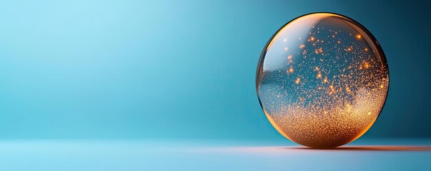 Poster - Dust pollution idea. A stunning glass orb with shimmering particles against a soft blue background.