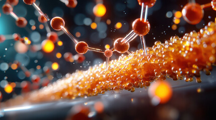 Aufkleber - close up depiction of nanobots enhancing delivery of molecules, showcasing vibrant orange particles and intricate molecular structures in dynamic environment