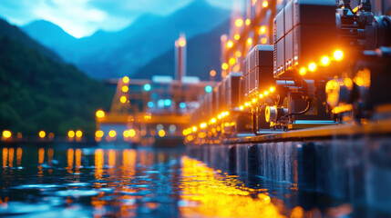 Poster - close up nighttime view of hydroelectric facility with glowing lights reflecting on water, surrounded by mountains and lush greenery, creating serene atmosphere