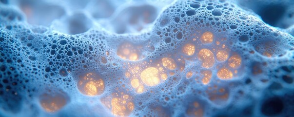 Poster - Dust pollution idea. Close-up view of bubbles and foam with glowing particles, creating an abstract background.