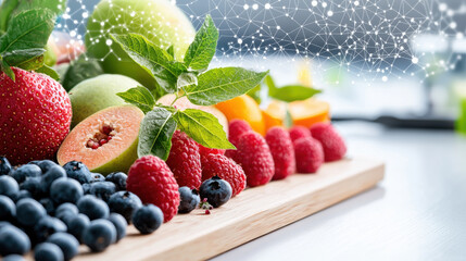 Aufkleber - Fresh fruits arranged on wooden board with advanced technology overlay, showcasing vibrant colors and healthy options. perfect blend of nature and innovation