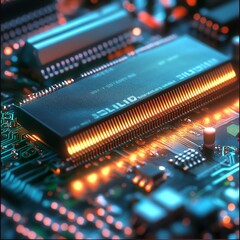 Poster - Close-up View of a Computer Circuit Board With Illuminated Components Showcasing Intricate Electronics Details