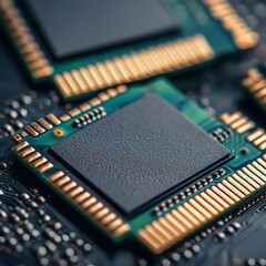 Poster - Close-up View of Microprocessor Chips Showcasing Intricate Details on a Circuit Board