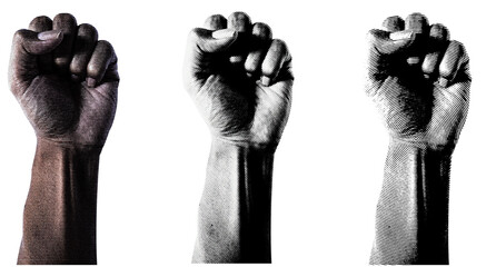 Aufkleber - 3 style Halftone hands collection. Halftone hands show the counting from one to five. Stylish halftone collage design elements. Hand gestures in pop art style. Transparent background