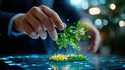 Leinwandbilder - businessman nurturing digital plants, showcasing innovation and sustainability in technology. scene highlights fusion of nature and digital growth