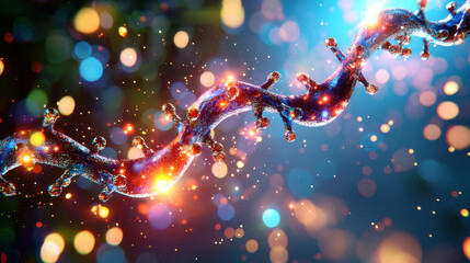 Poster - vibrant, conceptual 3D representation of nanotechnology showcasing molecular structure with glowing elements and colorful bokeh effects. This captures essence of scientific innovation and