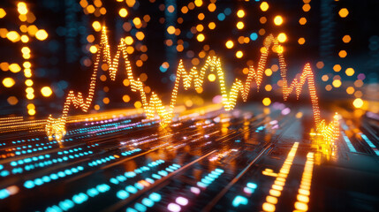 Aufkleber - vibrant 3D rendering of financial networks with glowing data visualizations, showcasing dynamic graphs and colorful lights representing market trends and analytics