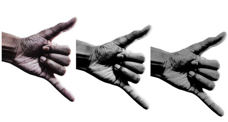 Aufkleber - 3 style Halftone hands collection. Halftone hands show the counting from one to five. Stylish halftone collage design elements. Hand gestures in pop art style. Transparent background