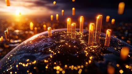 Leinwandbilder - stunning cinematic view of global trade analytics, showcasing illuminated data points and structures over detailed Earth. scene captures essence of modern connectivity and technology
