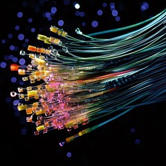 Poster - Colorful Fiber Optic Cables Illuminated in a Dark Environment Showcasing Advanced Technology in Data Transmission