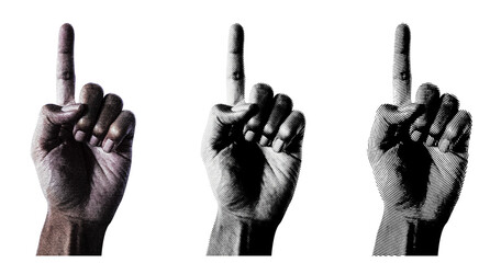 Aufkleber - 3 style Halftone hands collection. Halftone hands show the counting from one to five. Stylish halftone collage design elements. Hand gestures in pop art style. Transparent background