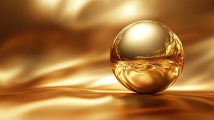 Poster - Golden Metallic Sphere with Liquid Texture on Reflective Surface, Abstract Minimalist Background.