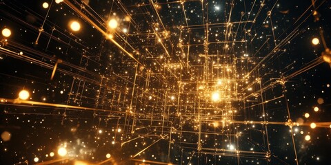Poster - Abstract Golden Network with Glowing Spheres on Dark Background, Digital Technology Concept.