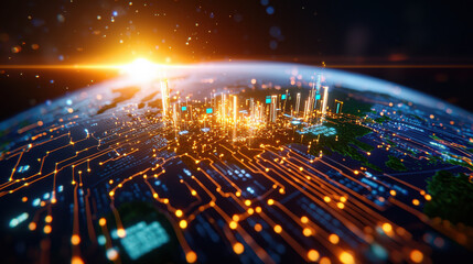 Poster - futuristic 3D visualization of global economic trends, showcasing vibrant cityscape with glowing circuits and data connections. sunrise adds hopeful touch to digital landscape