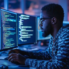 Poster - Focused Software Developer Coding at Multiple Monitors in a Dimly Lit Workspace During Night Hours