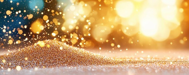 Poster - Dust pollution idea. Sparkling golden sand with beautiful bokeh effect, creating a magical atmosphere.