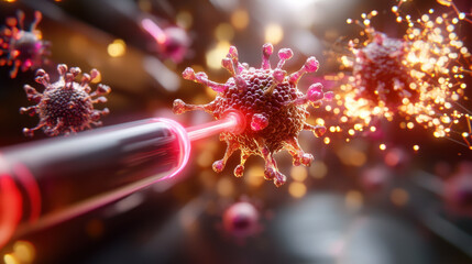 Aufkleber - Futuristic biotech scene showcasing nanobots interacting with viruses, highlighting advanced technology in medicine and health. vibrant depiction of innovation and science