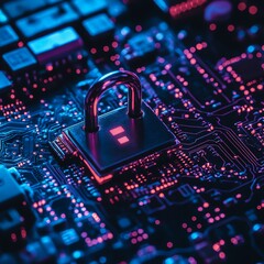 Poster - Advanced Security Technology Featuring a Padlock on a Circuit Board Illuminated by Vibrant Colors