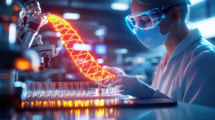 Fototapete - scientist in lab wearing protective gear examines glowing DNA strand, showcasing advanced biotechnology research. atmosphere is high tech and innovative
