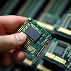 Poster - Hand Holding a Microchip in a Technology Workspace Showcasing Intricate Designs and Components