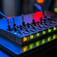 Poster - Networking Device With Multiple Ports Illuminated in Vibrant Colors in a Technology Setup