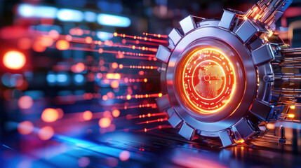 Poster - futuristic digital vault with glowing elements and intricate design, showcasing advanced technology and vibrant colors. image evokes sense of innovation and security