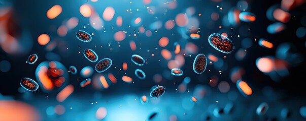 Poster - Dust pollution idea. Colorful microscopic organisms floating in a dark space, illustrating cellular life.