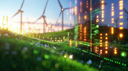 Fototapete - Digital landscape with glowing data patterns and wind turbines in background, symbolizing renewable energy and technology integration. vibrant scene of innovation and sustainability