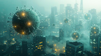 Poster - Dust pollution idea. Futuristic city skyline shrouded in fog with floating virus structures, showcasing urban life.