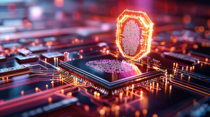 Leinwandbilder - High tech fingerprint scanner on microchip, showcasing advanced security technology and digital innovation. vibrant colors and intricate details highlight modern electronics