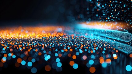 Poster - Dust pollution concept. Abstract glowing particles creating a vibrant and colorful digital background.