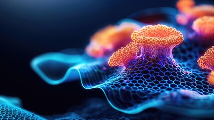 Aufkleber - Dust pollution concept. Vibrant microscopic view of coral polyps coral reef structure glowing in deep ocean.