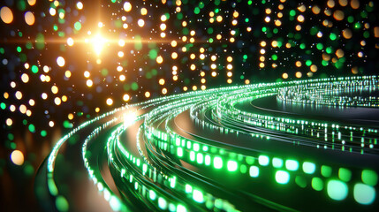 Leinwandbilder - vibrant digital landscape featuring glowing green and golden lights, creating mesmerizing effect. swirling patterns evoke sense of motion and energy, perfect for technology themes