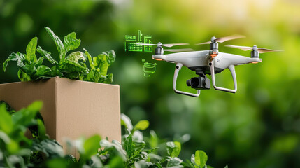 Aufkleber - drone delivering supplies over lush green plant, showcasing modern technology in agriculture. scene highlights innovation and sustainability in farming practices