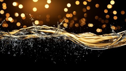 Poster - Golden liquid wave splashing on black background with bokeh lights.