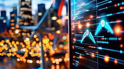 Aufkleber - High resolution depiction of hybrid energy system with data visualization, showcasing wind turbines and city skyline in background, symbolizing innovation and sustainability