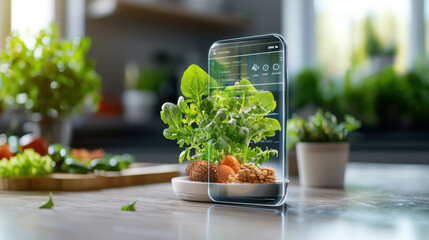 Poster - high resolution depiction of AR powered food label on smartphone, showcasing healthy ingredients and modern kitchen setting. image conveys innovation and wellness