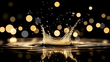 Poster - Golden liquid splash with bokeh lights reflection.