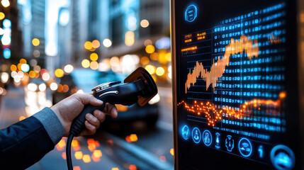 Leinwandbilder - person charging electric vehicle at modern charging station, with digital displays showing data and city lights in background