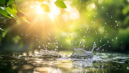Wall Mural - sunlit water splash in a tranquil forest.