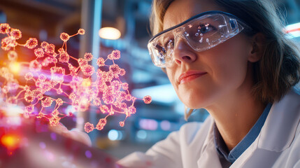 Poster - biotechnologist examines molecular structures with advanced technology, showcasing innovation and dedication in laboratory setting