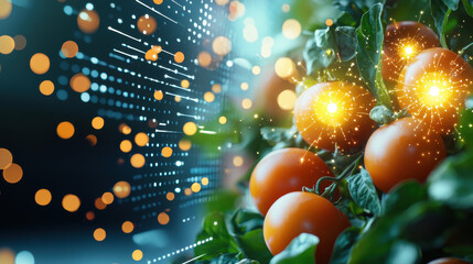 Leinwandbilder - Fresh tomatoes growing on plant with digital background showcasing technology and innovation. vibrant colors and glowing effects create lively atmosphere