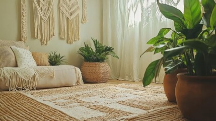 Poster - Living room interior idea. Cozy and inviting interior with plants, soft textures, and natural light for relaxation.