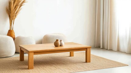 Aufkleber - Living room interior idea. Modern living room with wooden table, minimalist decor, natural light and cozy atmosphere.