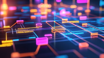 Poster - Neon Circuitry: A Digital Landscape of Data Streams and Network Connections