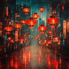 Wall Mural - Red lanterns illuminate a wet, Asian city street.