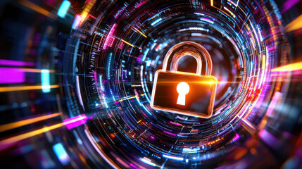 Leinwandbilder - glowing padlock symbol surrounded by vibrant digital patterns represents security and protection in technological environment. This conveys sense of safety and innovation