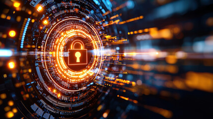 Poster - glowing padlock symbol surrounded by digital elements represents security and protection in futuristic setting. vibrant colors and intricate patterns evoke sense of advanced technology and safety