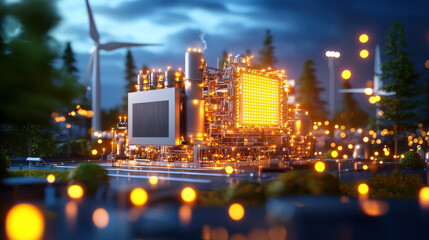 Aufkleber - high resolution image of hybrid power plant featuring advanced technology, illuminated structures, and renewable energy elements like wind turbines. scene captures blend of innovation and